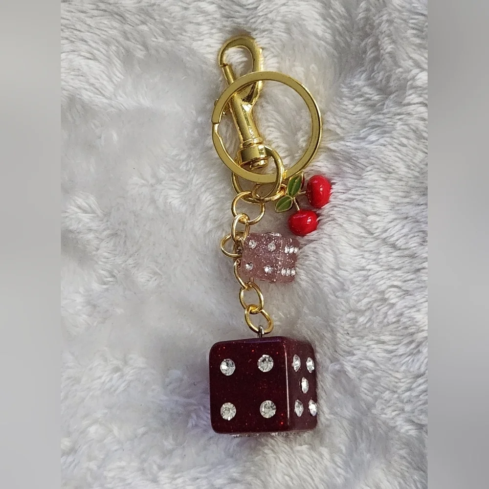 Gold and Red Dice Keychain with Cherry Charm Bag Charm